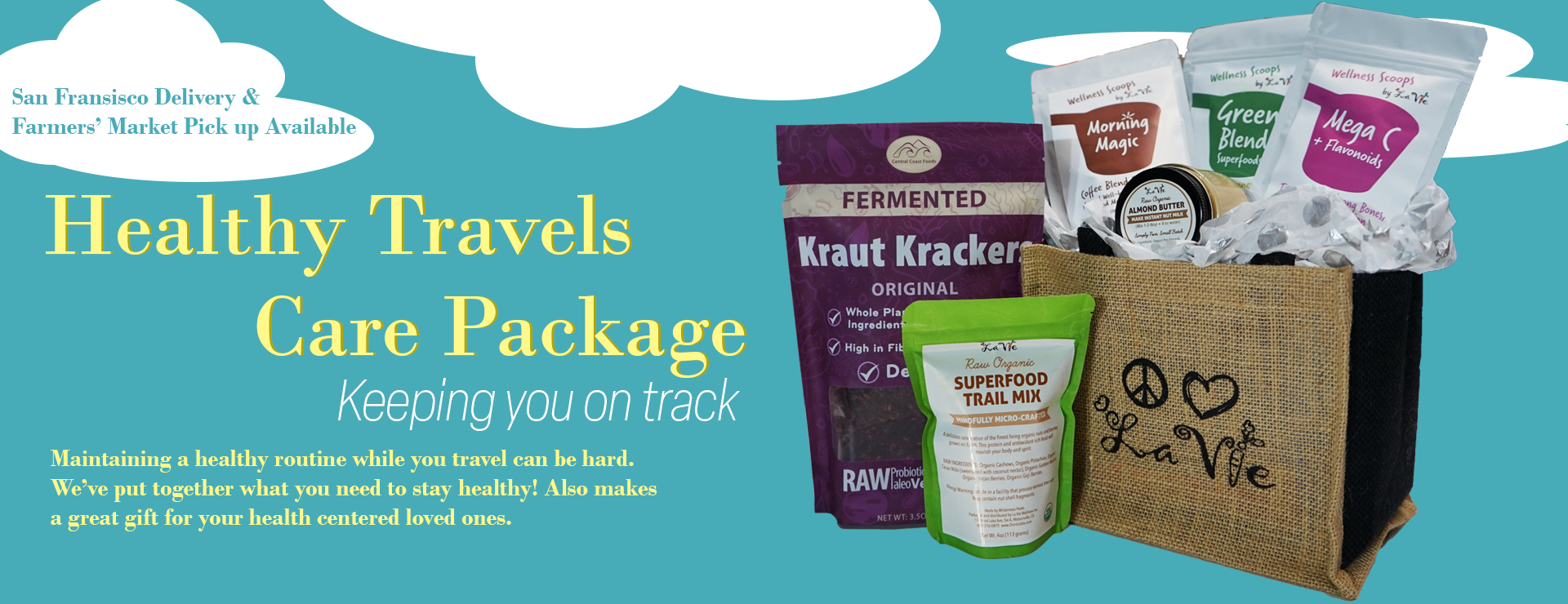 Healthy travels care package. Keeping you on track. Maintaining a healthy routine while you travel can be hard. We’ve put together what you need to stay healthy! Also makes a great gift for your health centered loved ones. San Francisco Delivery & Farmer's Market pick up available