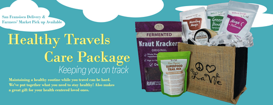 Healthy travels care package. Keeping you on track. Maintaining a healthy routine while you travel can be hard. We’ve put together what you need to stay healthy! Also makes a great gift for your health centered loved ones. San Francisco Delivery & Farmer's Market pick up available